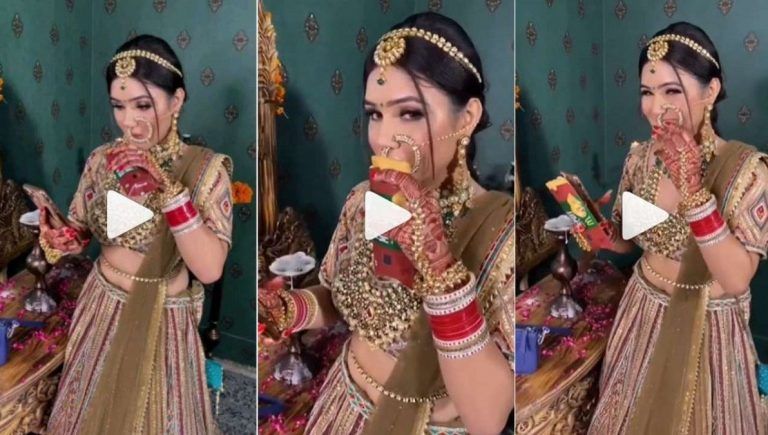 Viral Video: Hungry Bride Enjoys Eating a Pizza McPuff Before Her Wedding | Watch